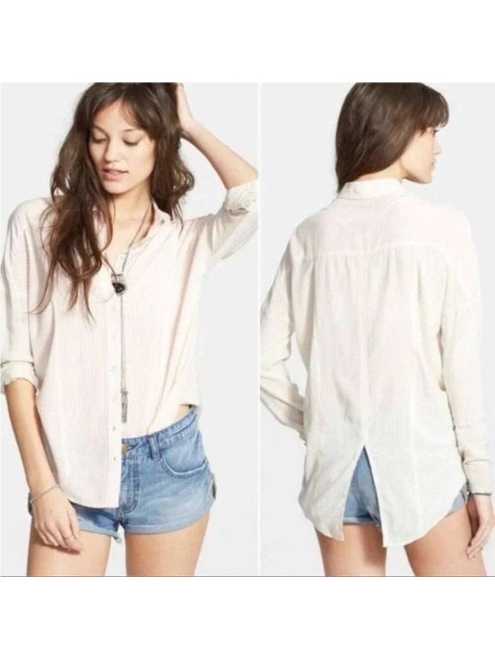 Free people Cream Button-Down Long Sleeve Shirt